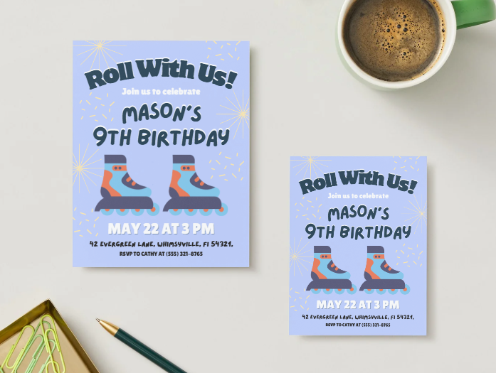 Blue Skating Personalized Printed Party Invitations | Small or Large Size with Envelopes