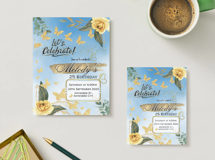 Butterfly Birthday Personalized Printed Party Invitations | Small or Large Size with Envelopes