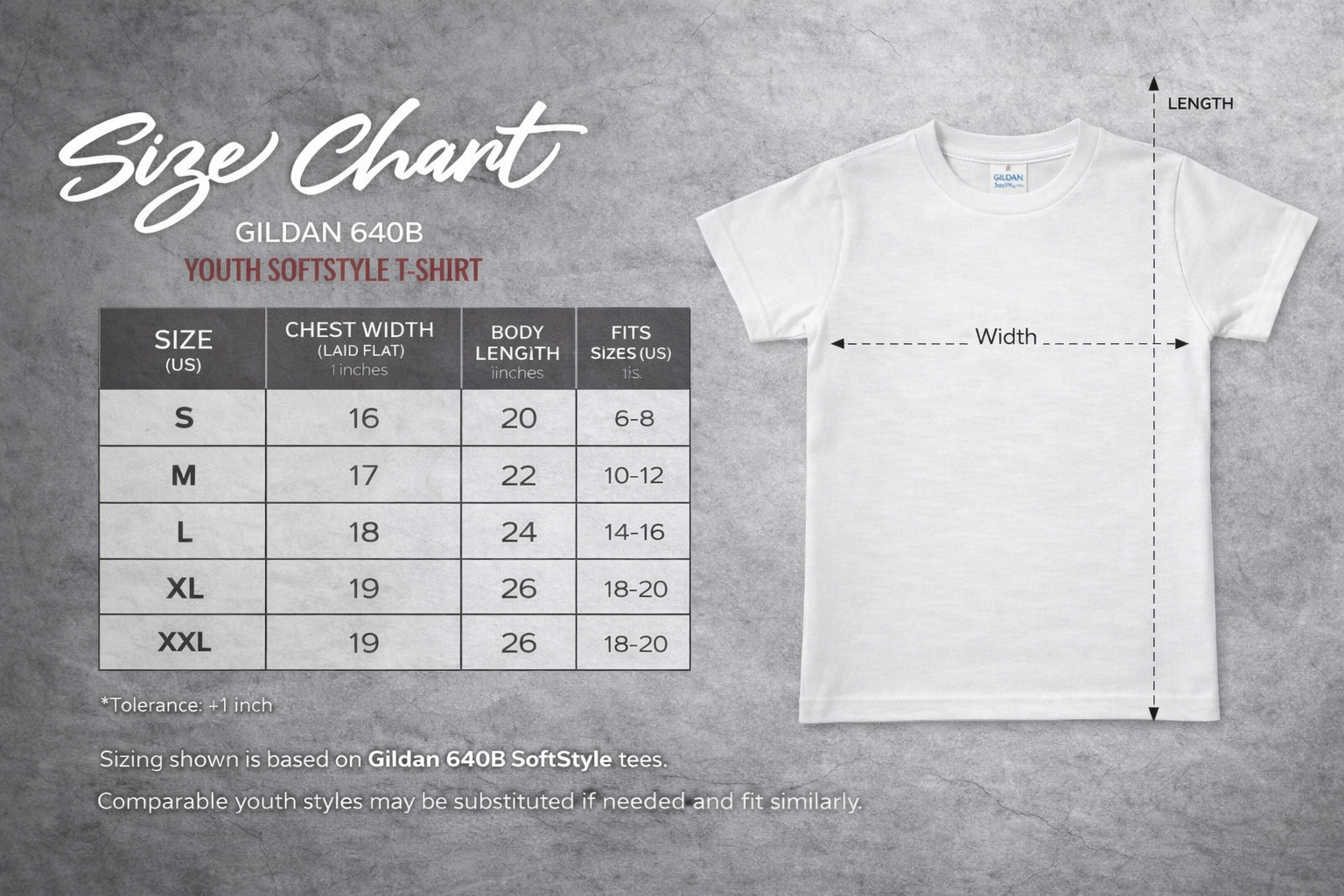 Gildan 640B Youth SoftStyle Shirt Size Chart