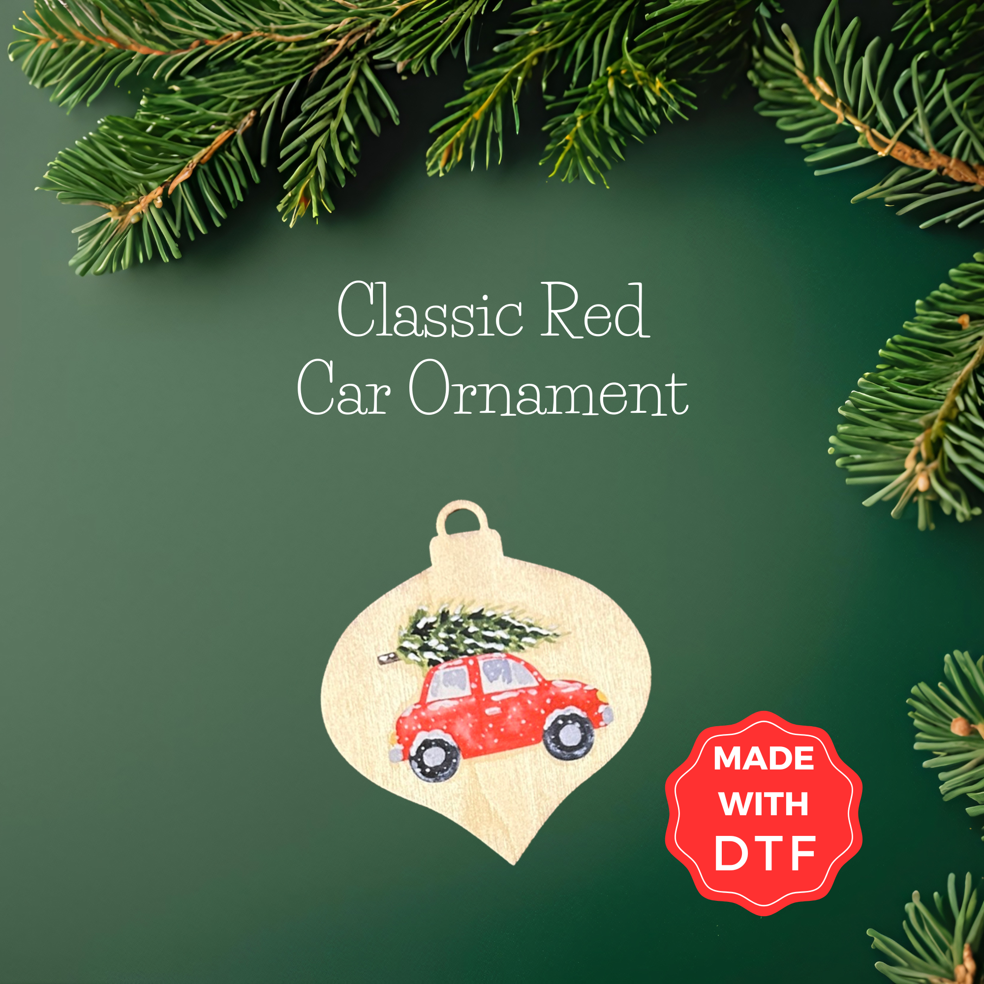 Classic Red Car Ornament | Handmade Christmas Ornament | DTF Printed on Wood