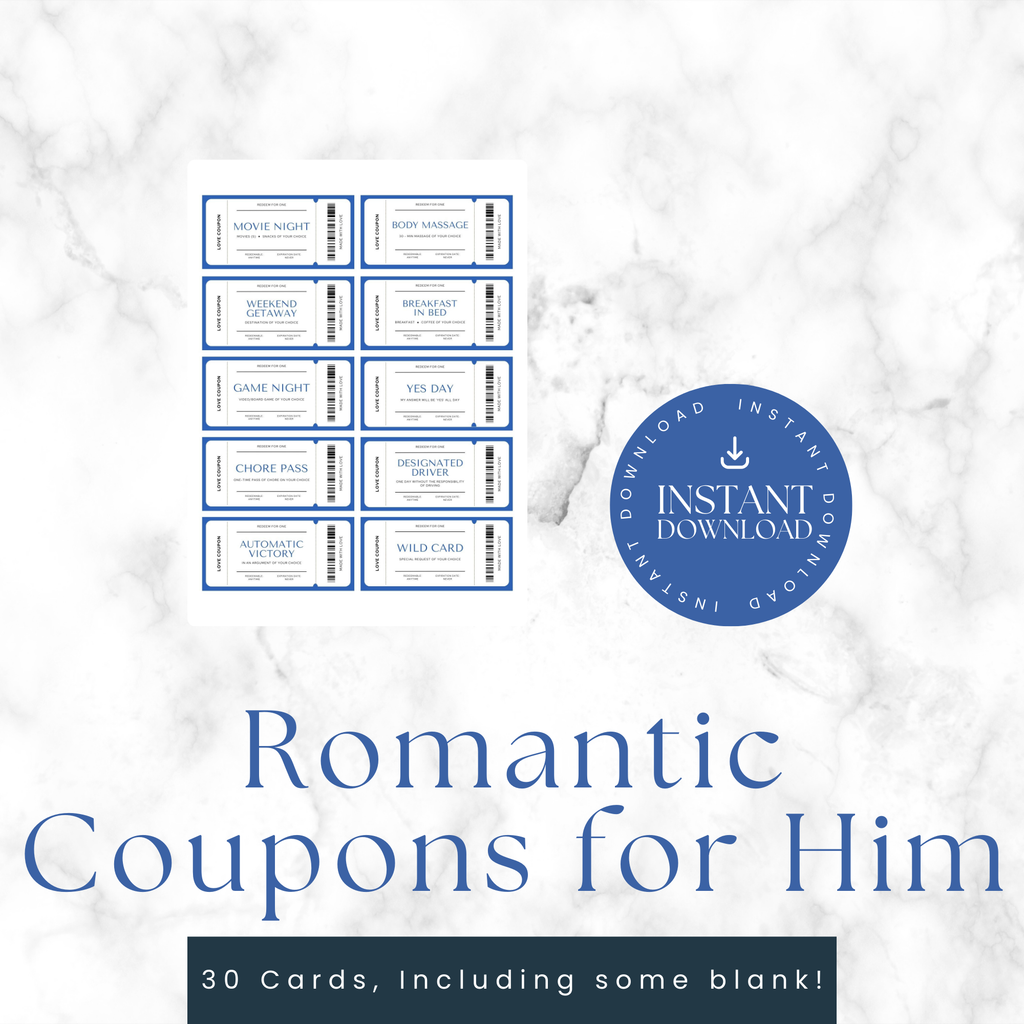 Romantic Coupons for Him | Printable Love Coupons Gift (30 Cards)