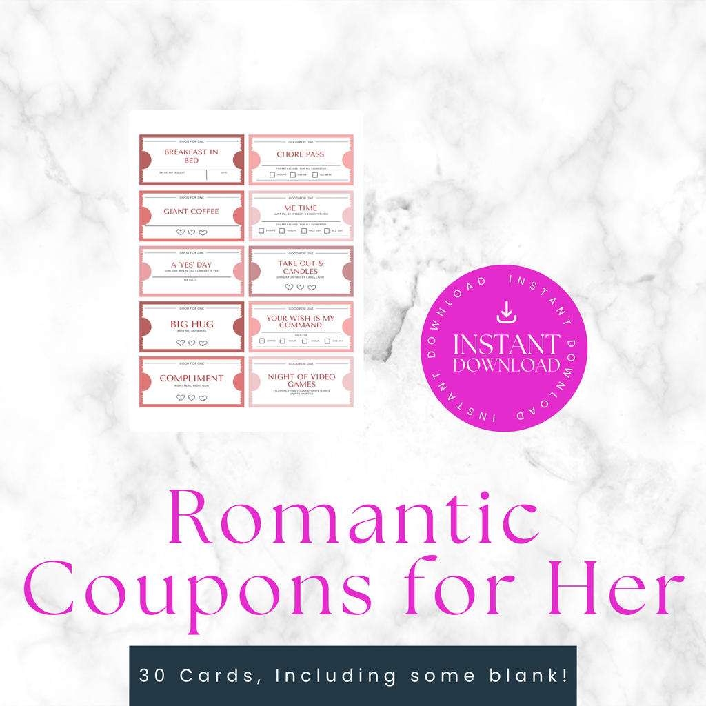 Romantic Coupons for Her | Printable Love Coupons Gift (30 Cards)