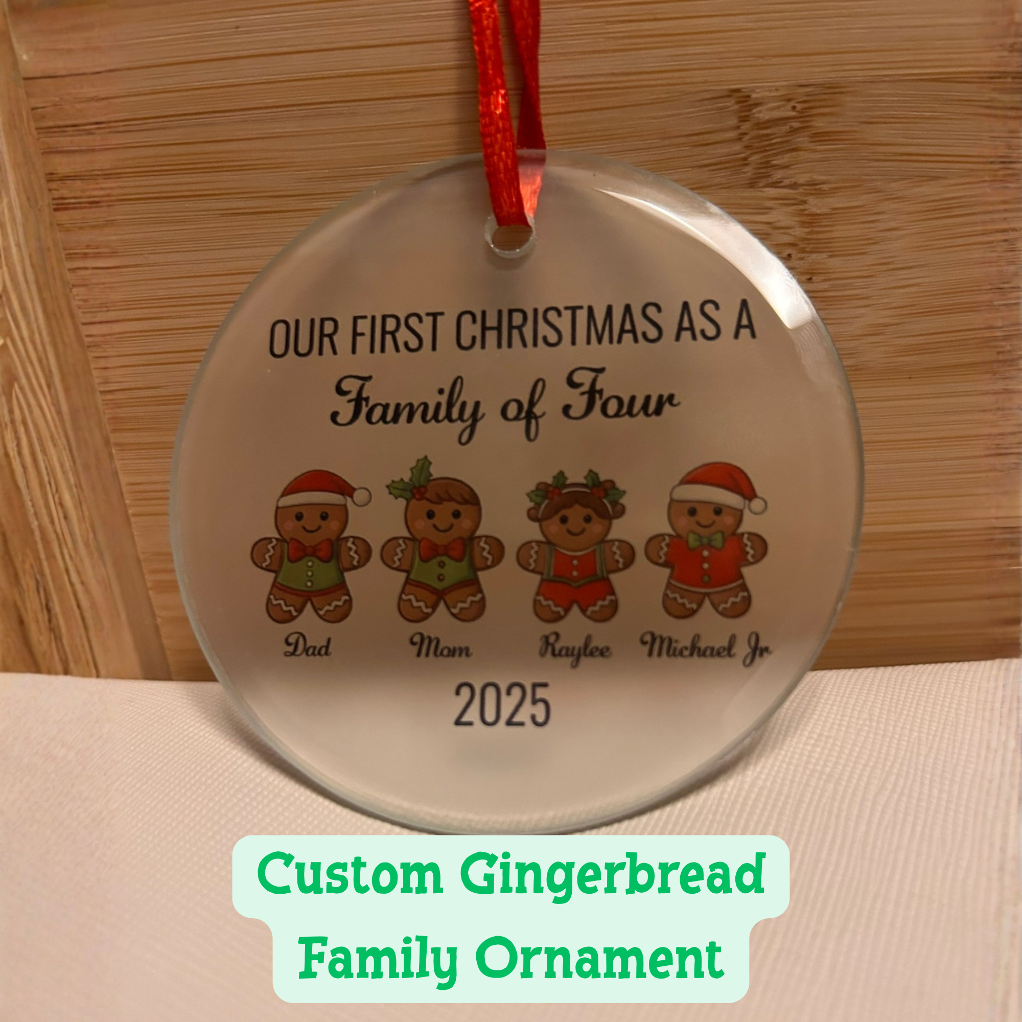 Custom Gingerbread Family Ornament – Personalized 3" Round Frosted Glass Sublimated Ornament