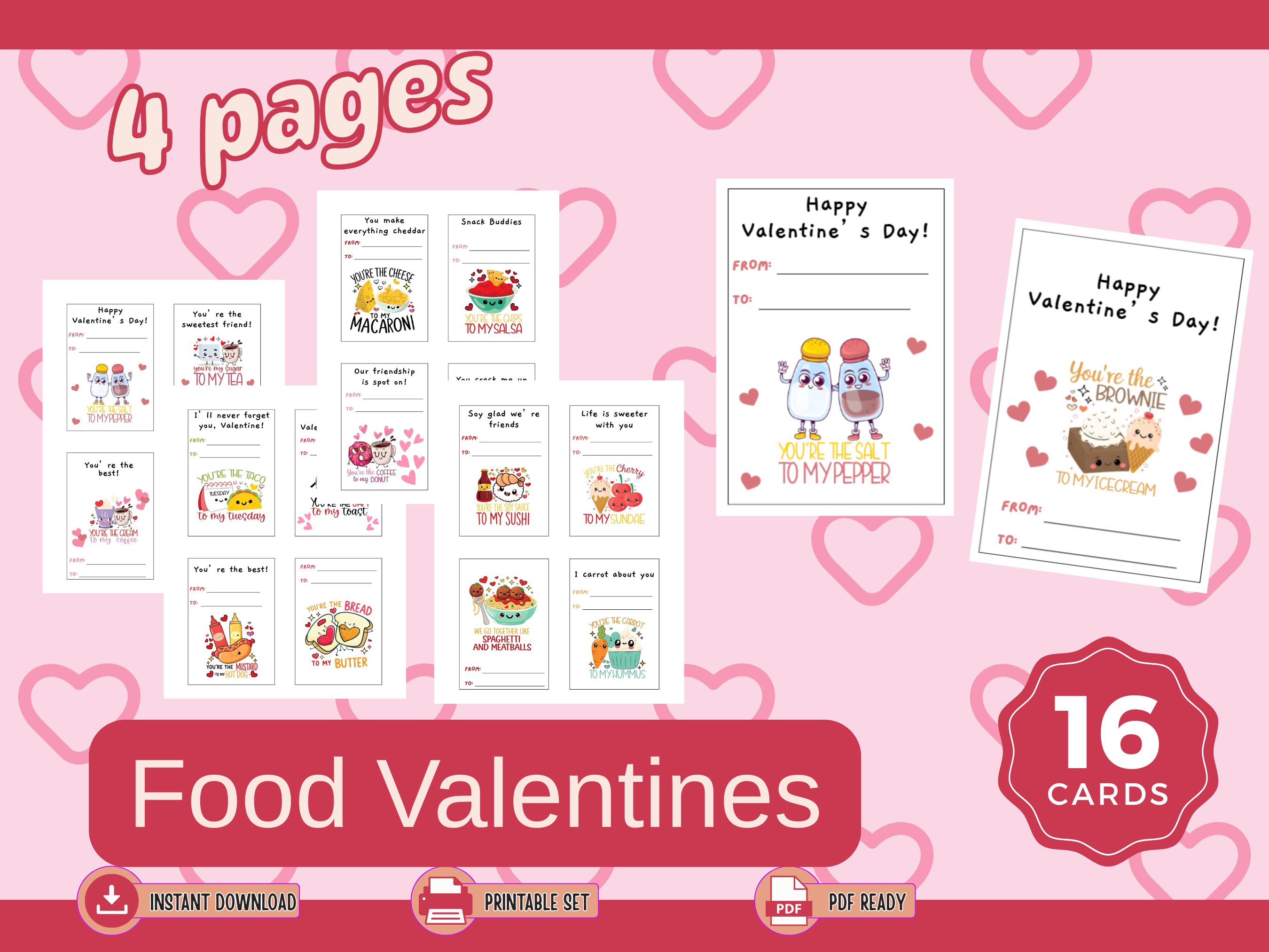 Printable Food Valentine Cards for Kids | Cute Classroom Valentines | 16 Card Set | Instant Download PDF