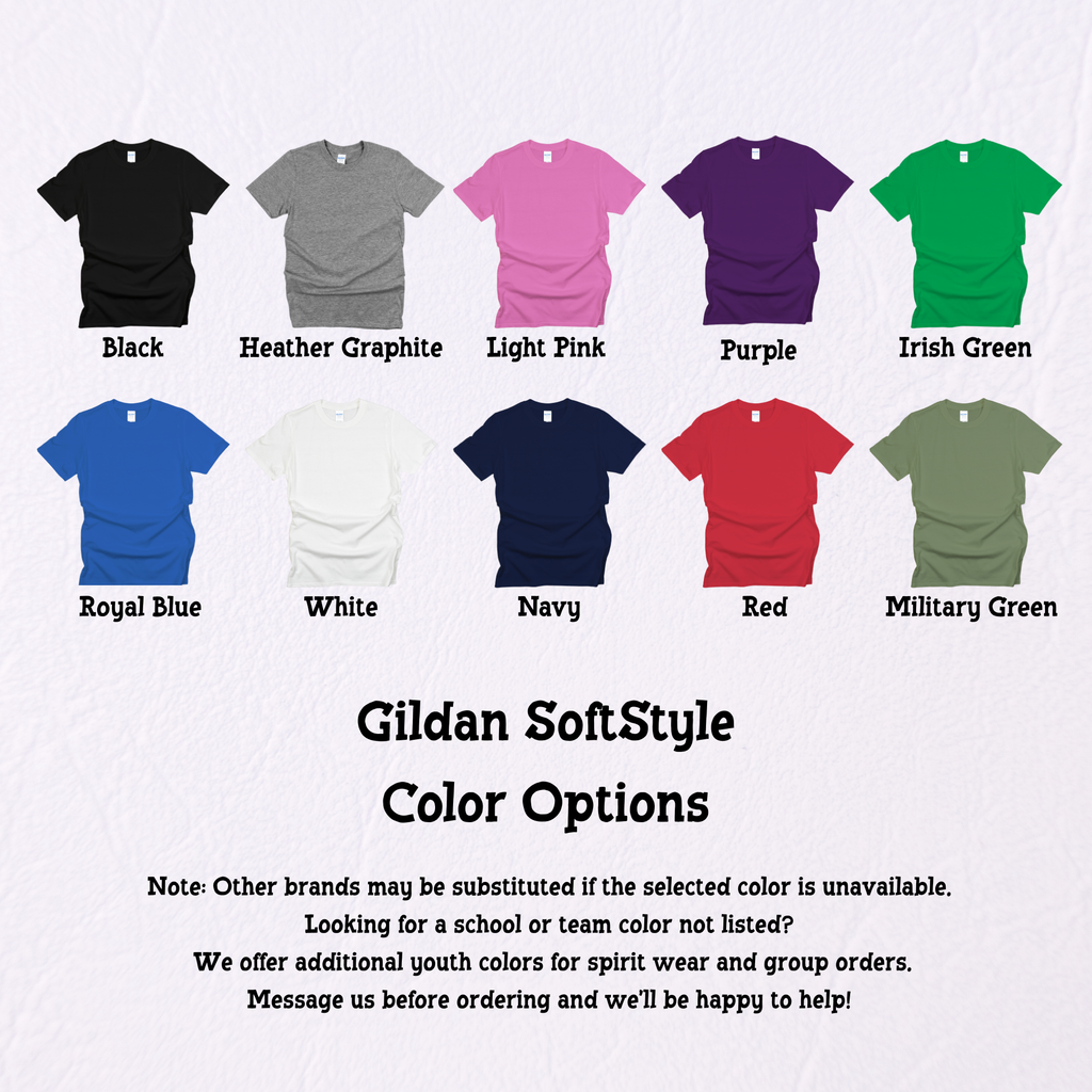 Color chart for Gildan SoftStyle t-shirts with various colors displayed.