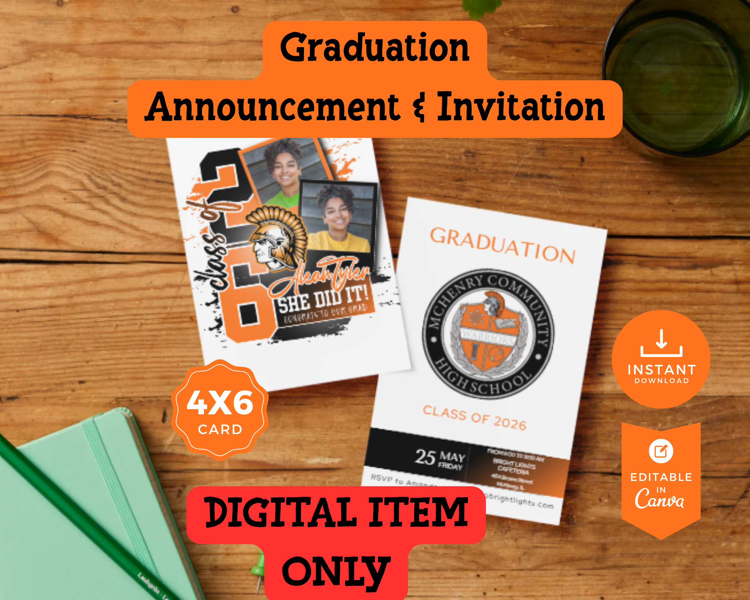 2026 Graduation Announcement & Invitation Digital Card, 4x6 Inches, Canva Template
