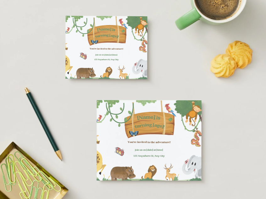 Jungle Adventure Personalized Printed Party Invitations | Small or Large Size with Envelopes