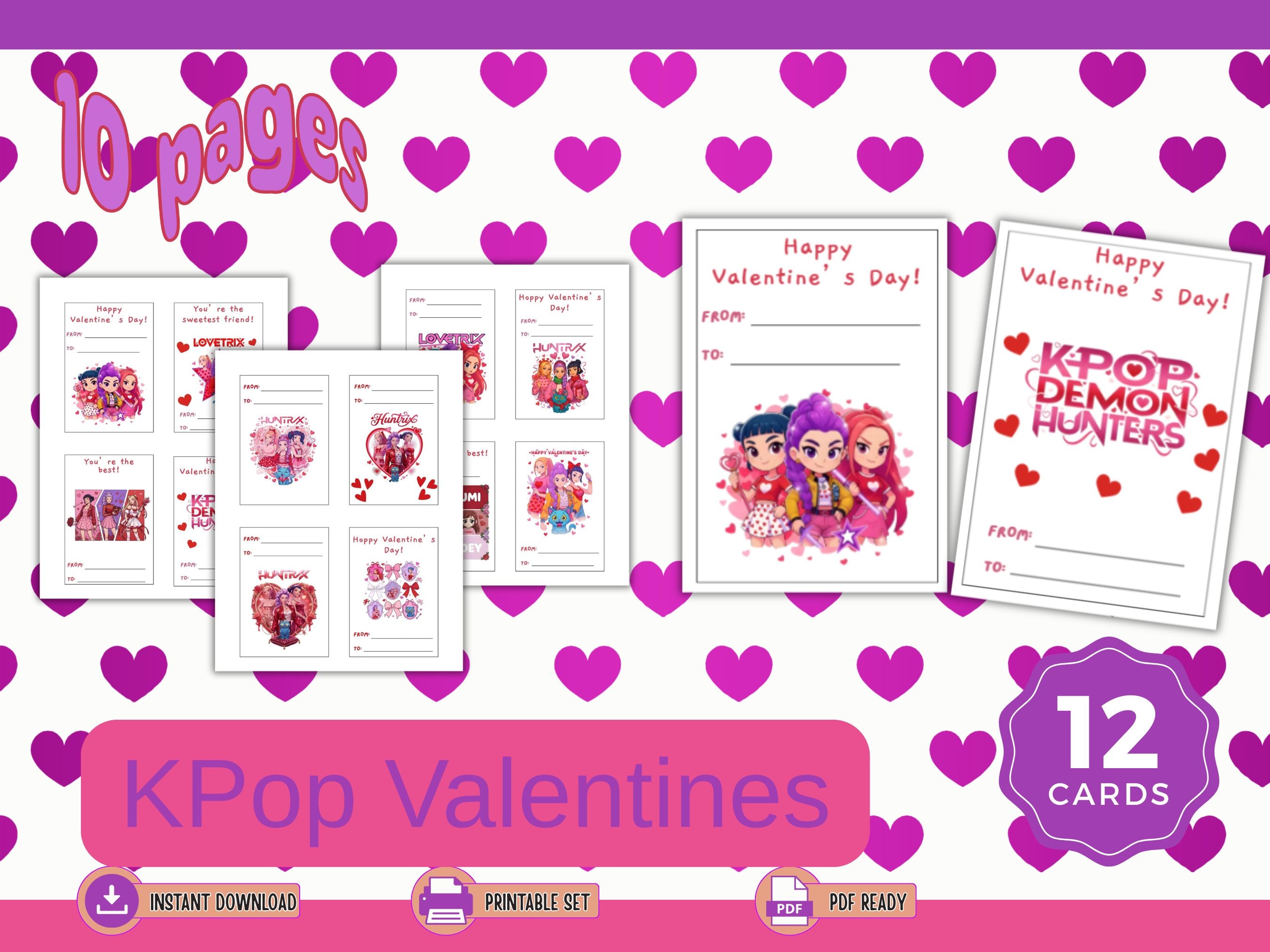 Printable Valentine Cards for Kids | K Pop Character Valentines | 40 Card Set | Instant Download PDF