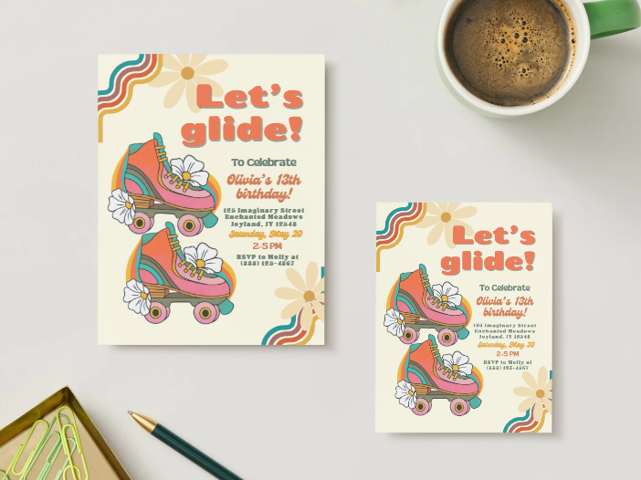 Orange Skating Personalized Printed Party Invitations | Small or Large Size with Envelopes