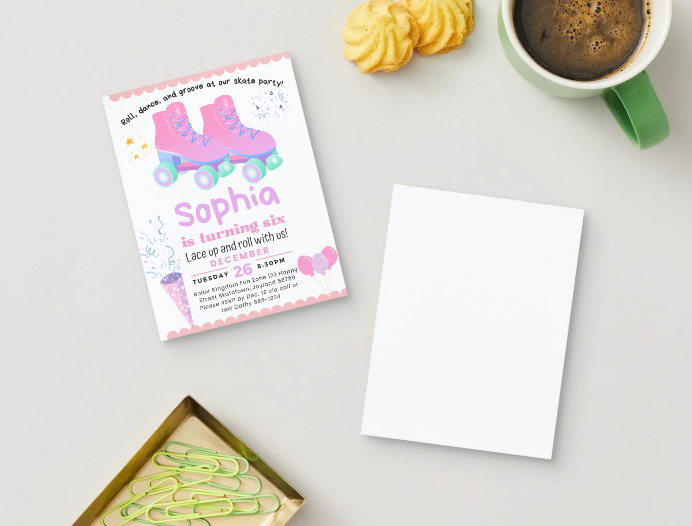 Pink Skating Personalized Printed Party Invitations | Small or Large Size with Envelopes