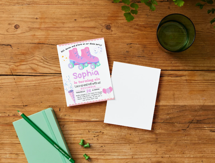 Pink Skating Personalized Printed Party Invitations | Small or Large Size with Envelopes