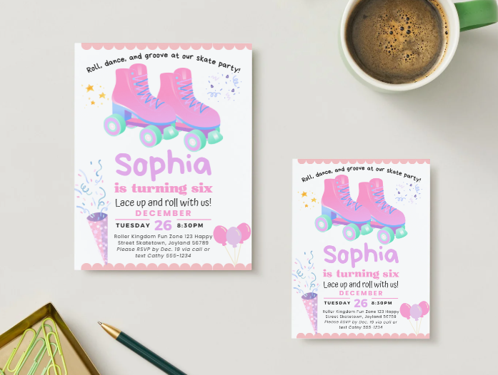 Pink Skating Personalized Printed Party Invitations | Small or Large Size with Envelopes