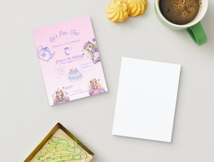 Princess Tea-Party Personalized Printed Party Invitations | Small or Large Size with Envelopes