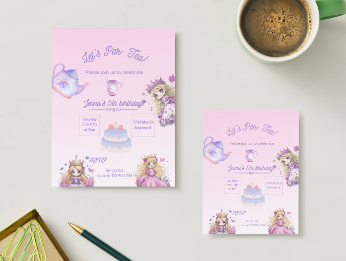 Princess Tea-Party Personalized Printed Party Invitations | Small or Large Size with Envelopes