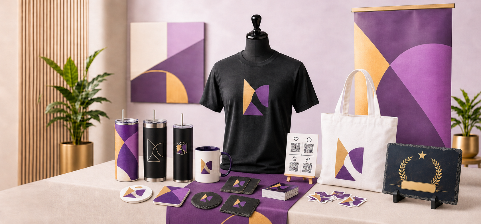 A coordinated branded merchandise display featuring a black T-shirt on a mannequin, matching purple and gold cups, a white tote bag, mugs, cards, coasters, and a small plaque, arranged on a table with matching wall art and banners in a styled indoor setting.