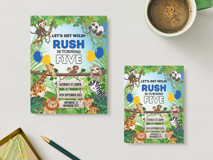 Safari Birthday Personalized Printed Party Invitations | Small or Large Size with Envelopes
