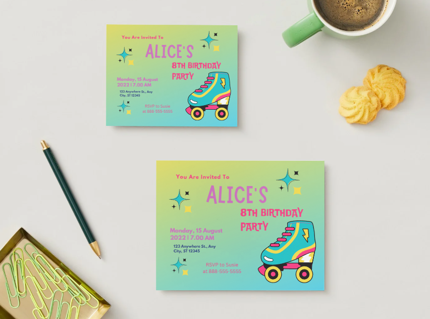 Retro Roller Skating Birthday Invitation Personalized Printed Party Invitations | Small or Large Size with Envelopes