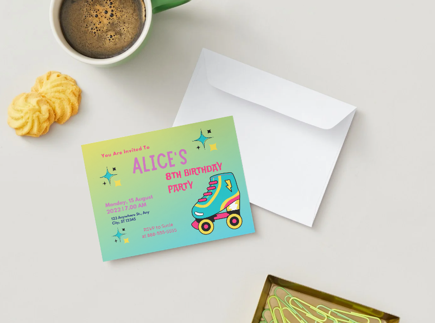 Retro Roller Skating Birthday Invitation Personalized Printed Party Invitations | Small or Large Size with Envelopes