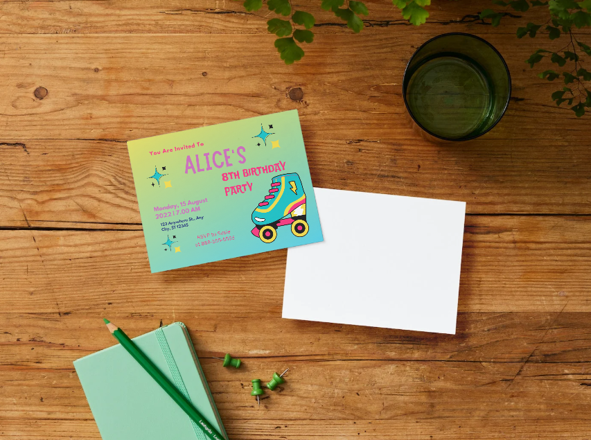 Retro Roller Skating Birthday Invitation Personalized Printed Party Invitations | Small or Large Size with Envelopes