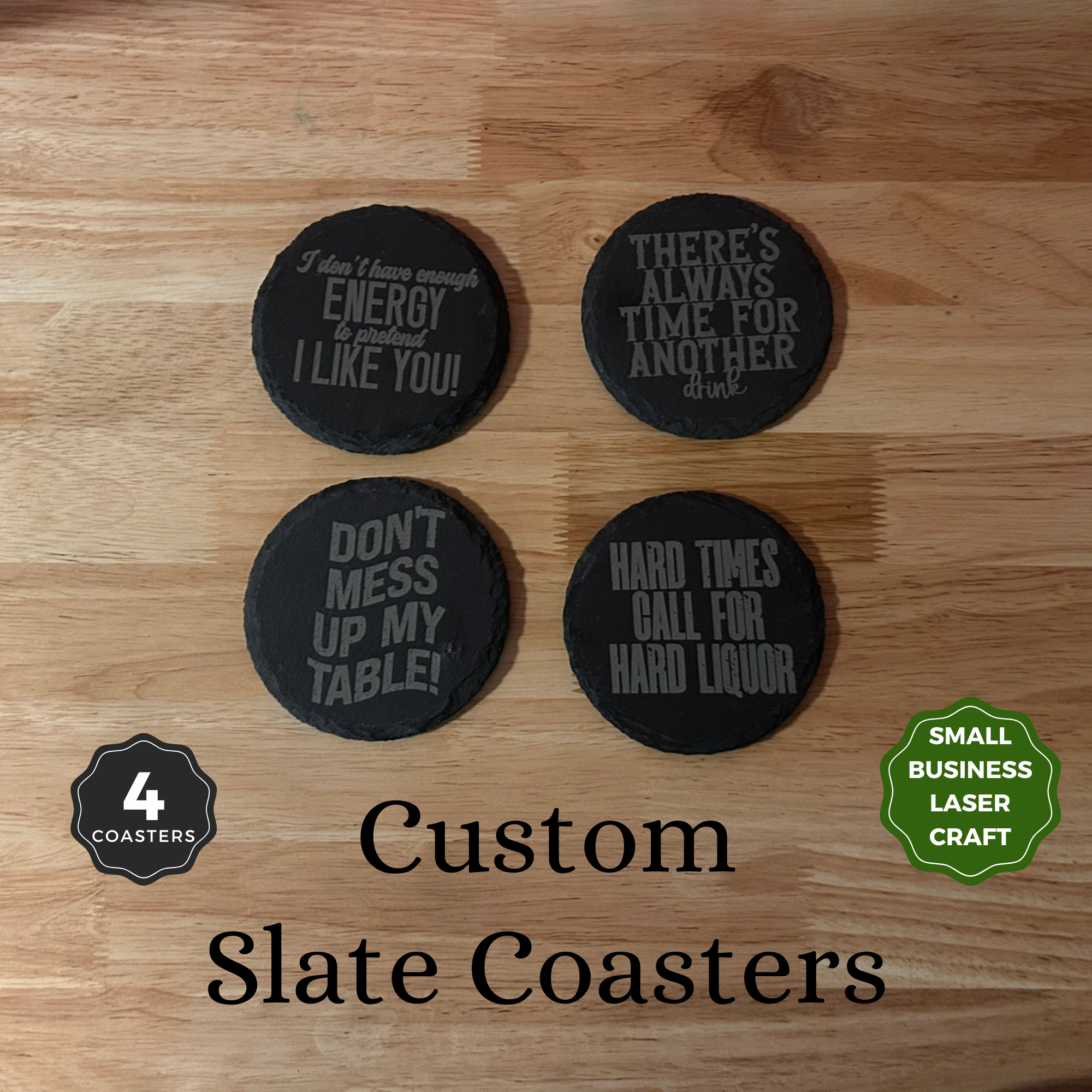 Custom Laser-Engraved Slate Coasters | Set of 4 | Personalized Drink Coasters