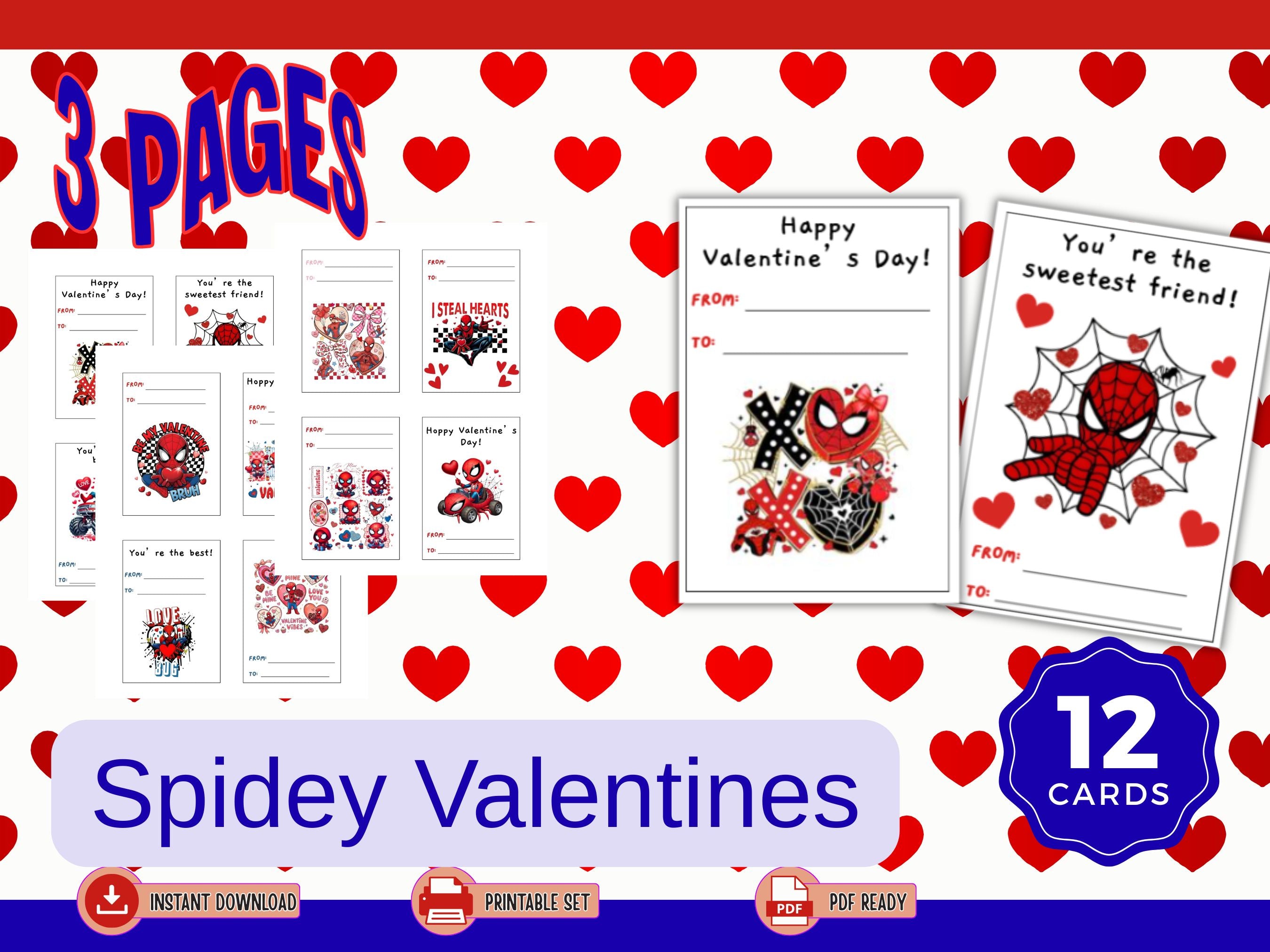 Printable Valentine Cards for Kids | Web Slinging Character Valentines | 12 Card Set | Instant Download PDF