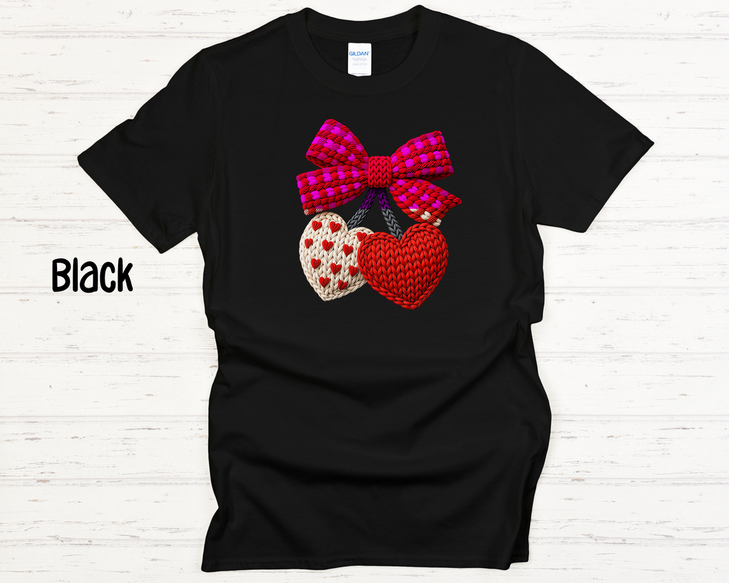 Faux Crochet Hearts with Bow Valentine Adult T-Shirt