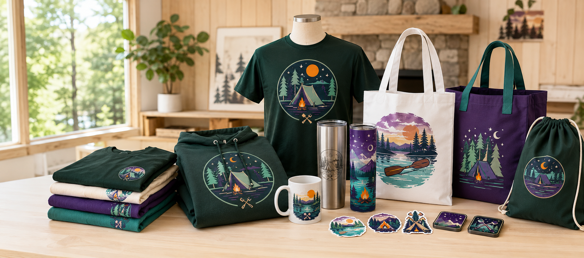 A collection of camping-themed merchandise displayed on a wooden table in a cozy room setting. The products include a dark green t-shirt, folded t-shirts, a white tote bag, a purple tote bag, a drawstring bag, a travel mug, and small accessories, all featuring matching illustrated graphics of campfires, tents, stars, and lakes.