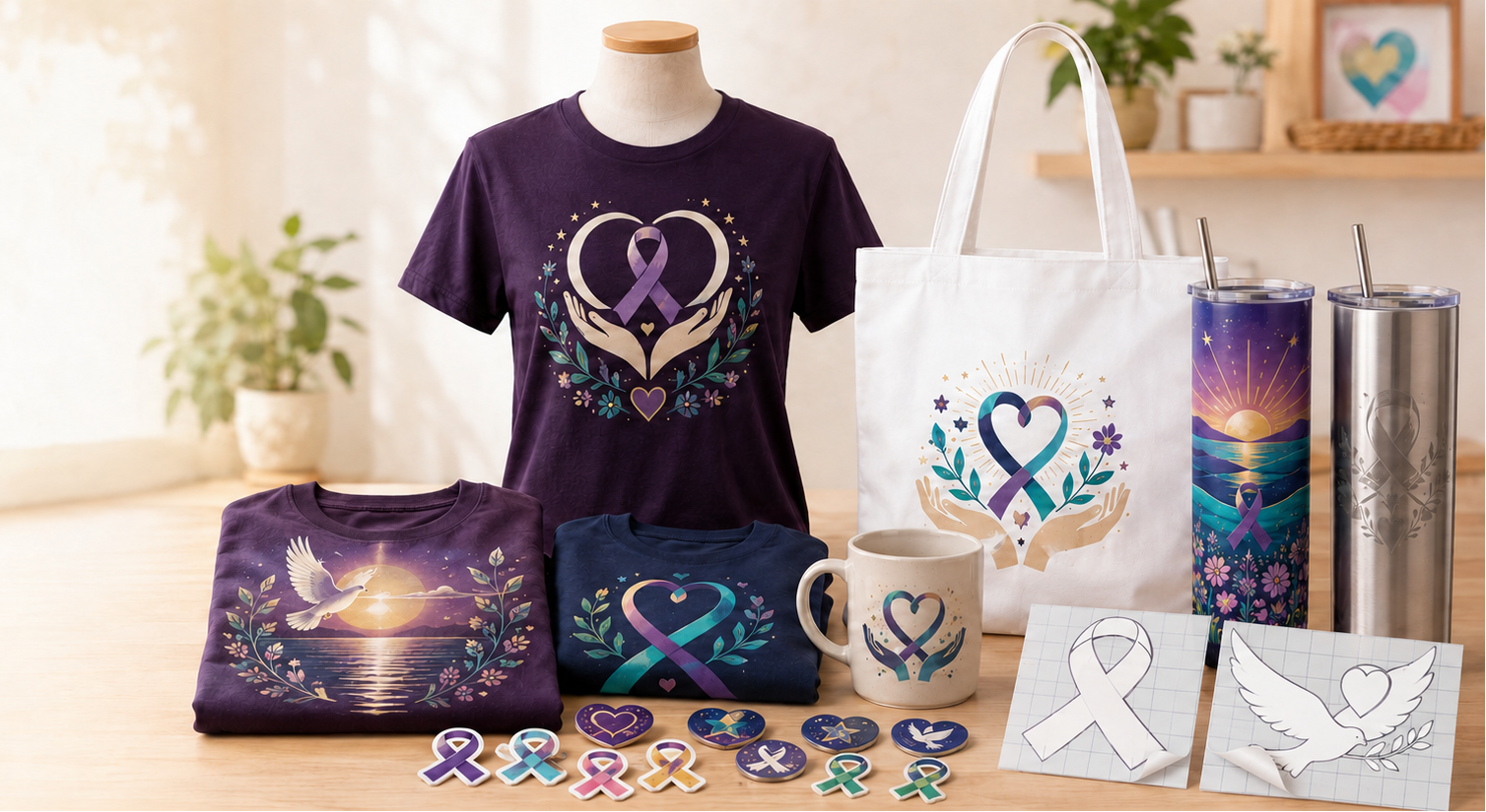 A coordinated awareness-themed merchandise display on a tabletop, including a dark purple T-shirt on a mannequin torso, a white tote bag, a folded dark purple shirt, a blue awareness T-shirt, a white mug, two tall printed tumblers, and several small ribbon and heart accessories. No person or animal is present, and the setting is a styled indoor product arrangement rather than a real-use scene with a person, so subject_type is Product/Packaging.