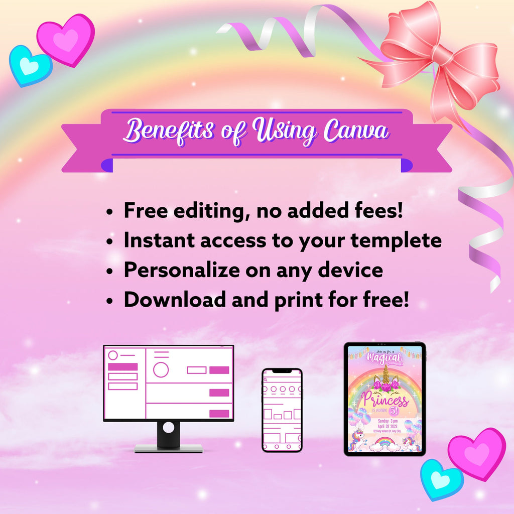 Unicorn Birthday Invitation Editable Canva Template Link, Customizable Text Birthday Party Invite for Girls, Unicorns and Rainbows E-Vite