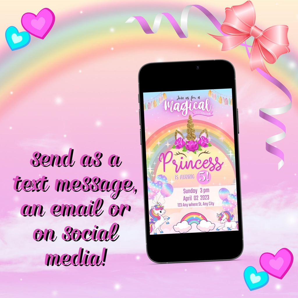 Unicorn Birthday Invitation Editable Canva Template Link, Customizable Text Birthday Party Invite for Girls, Unicorns and Rainbows E-Vite
