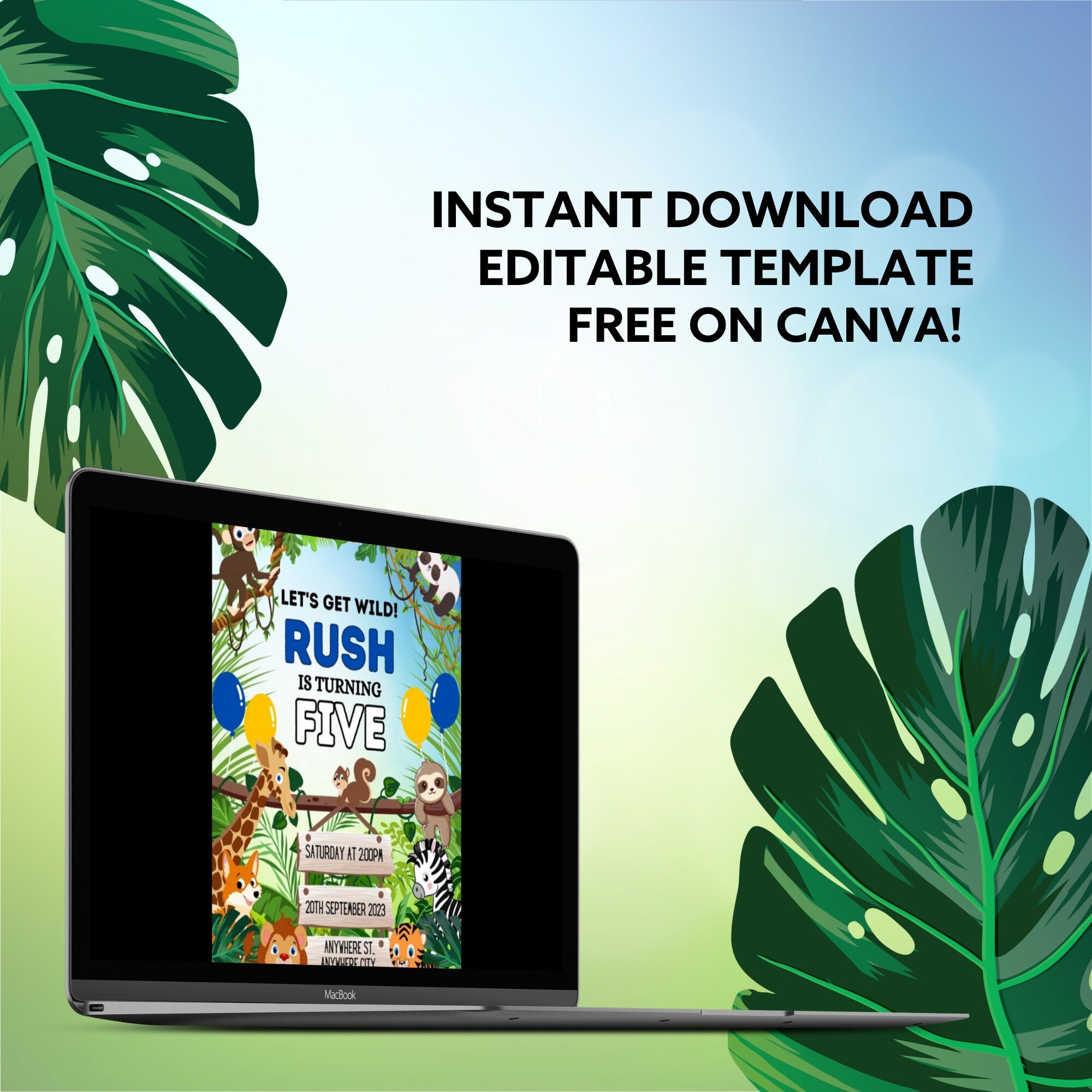 Safari Animal Birthday Invitation Editable Canva Template Link, Customizable Text Birthday Party Invite for Boys, Jungle Party E-Vite