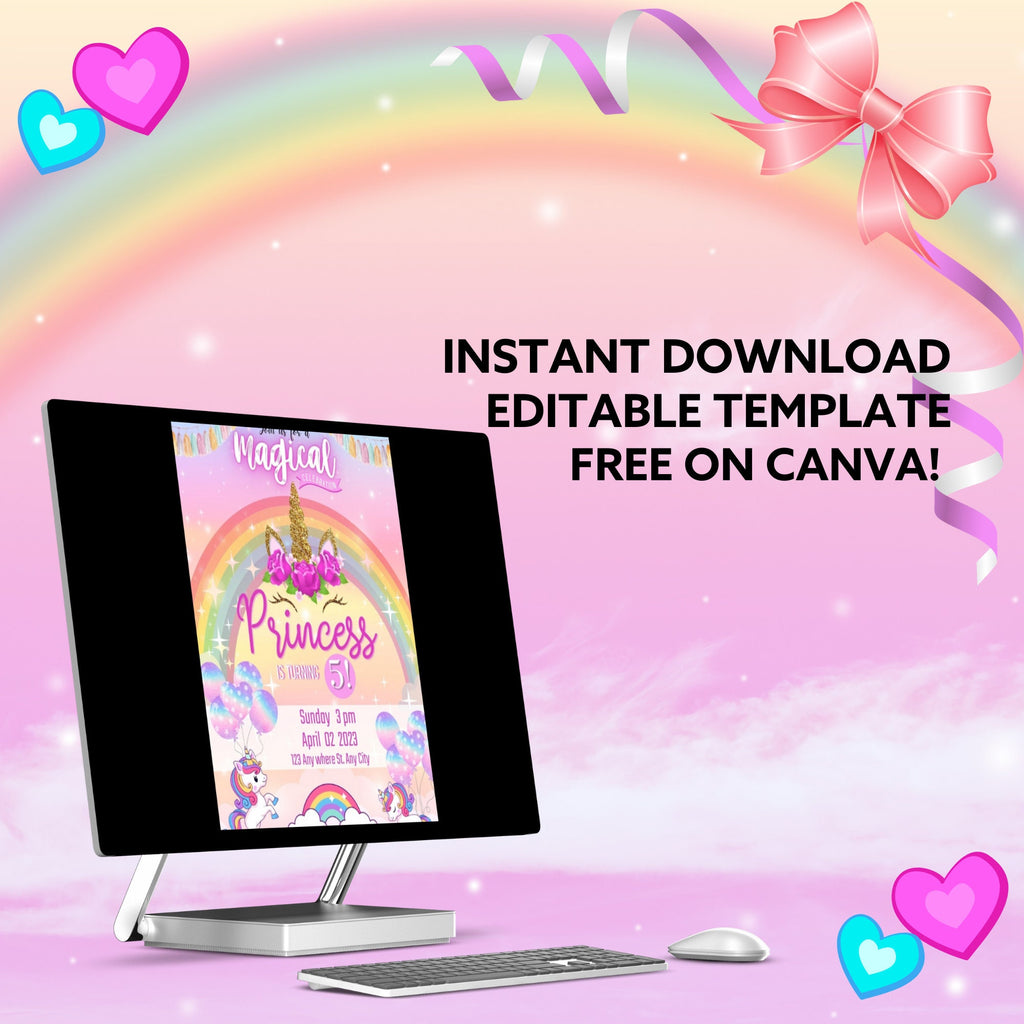 Unicorn Birthday Invitation Editable Canva Template Link, Customizable Text Birthday Party Invite for Girls, Unicorns and Rainbows E-Vite