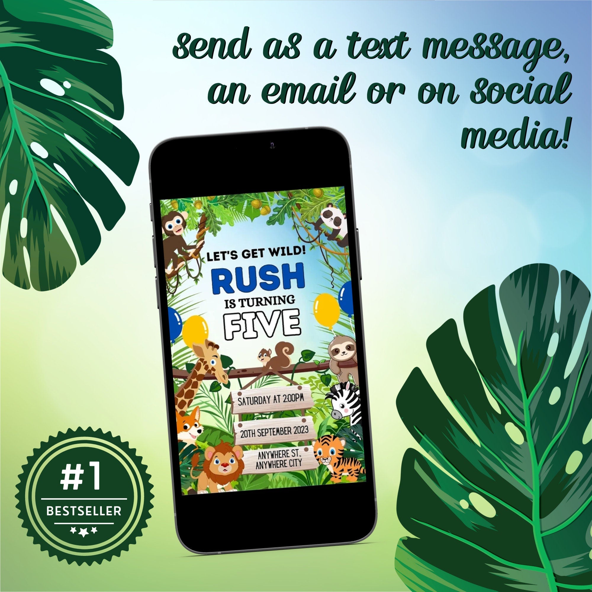 Safari Animal Birthday Invitation Editable Canva Template Link, Customizable Text Birthday Party Invite for Boys, Jungle Party E-Vite