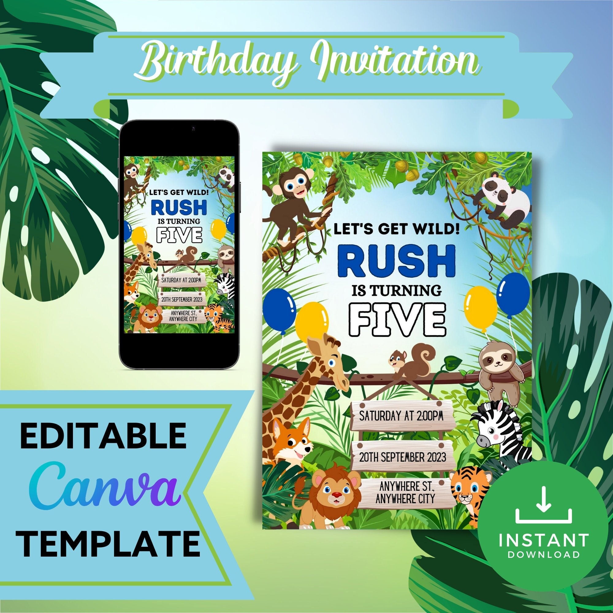 Safari Animal Birthday Invitation Editable Canva Template Link, Customizable Text Birthday Party Invite for Boys, Jungle Party E-Vite