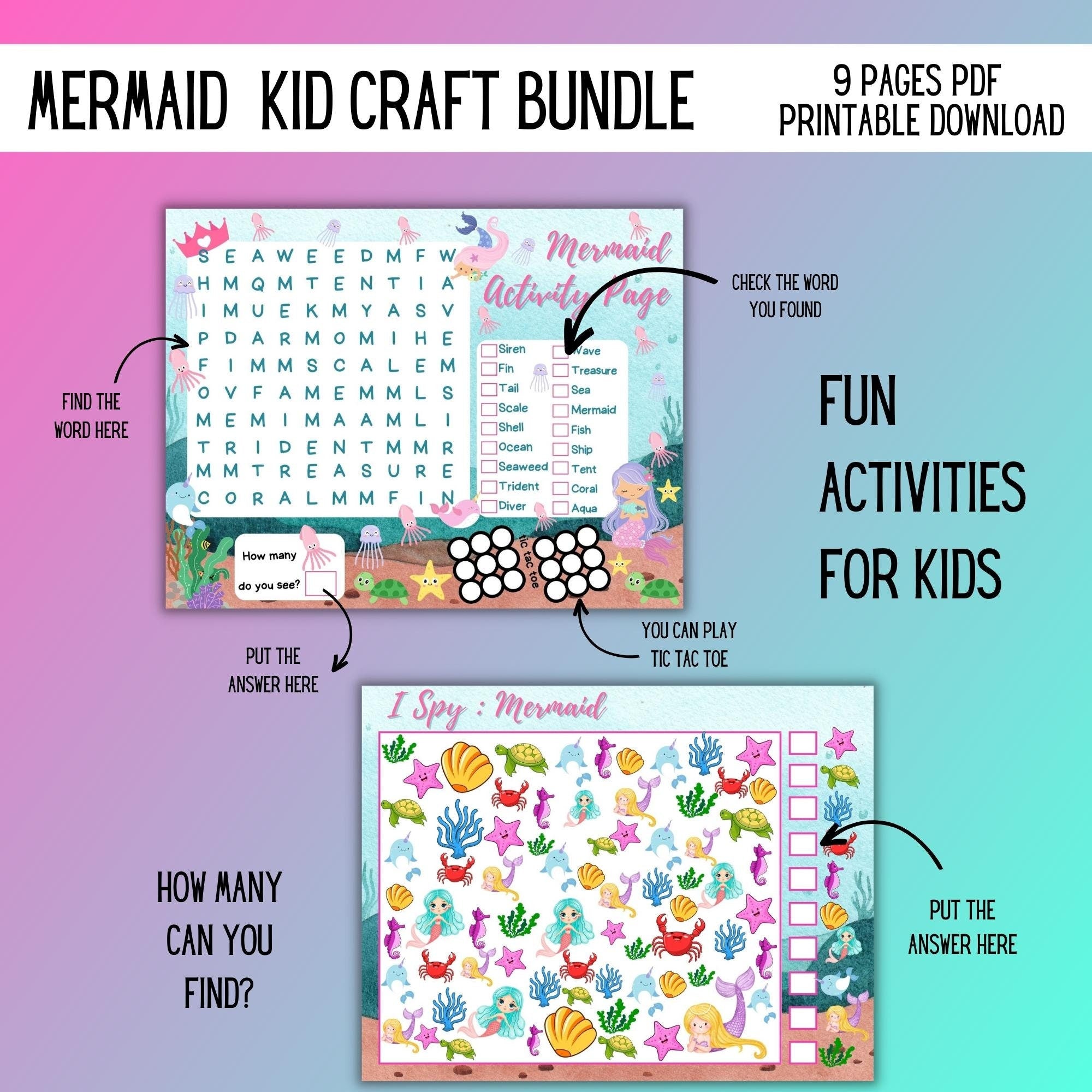 Mermaid Kids Activity Set Bundle of 11 Pages Fun Printable Crafts for Kids, INSTANT DIGITAL Download PDF