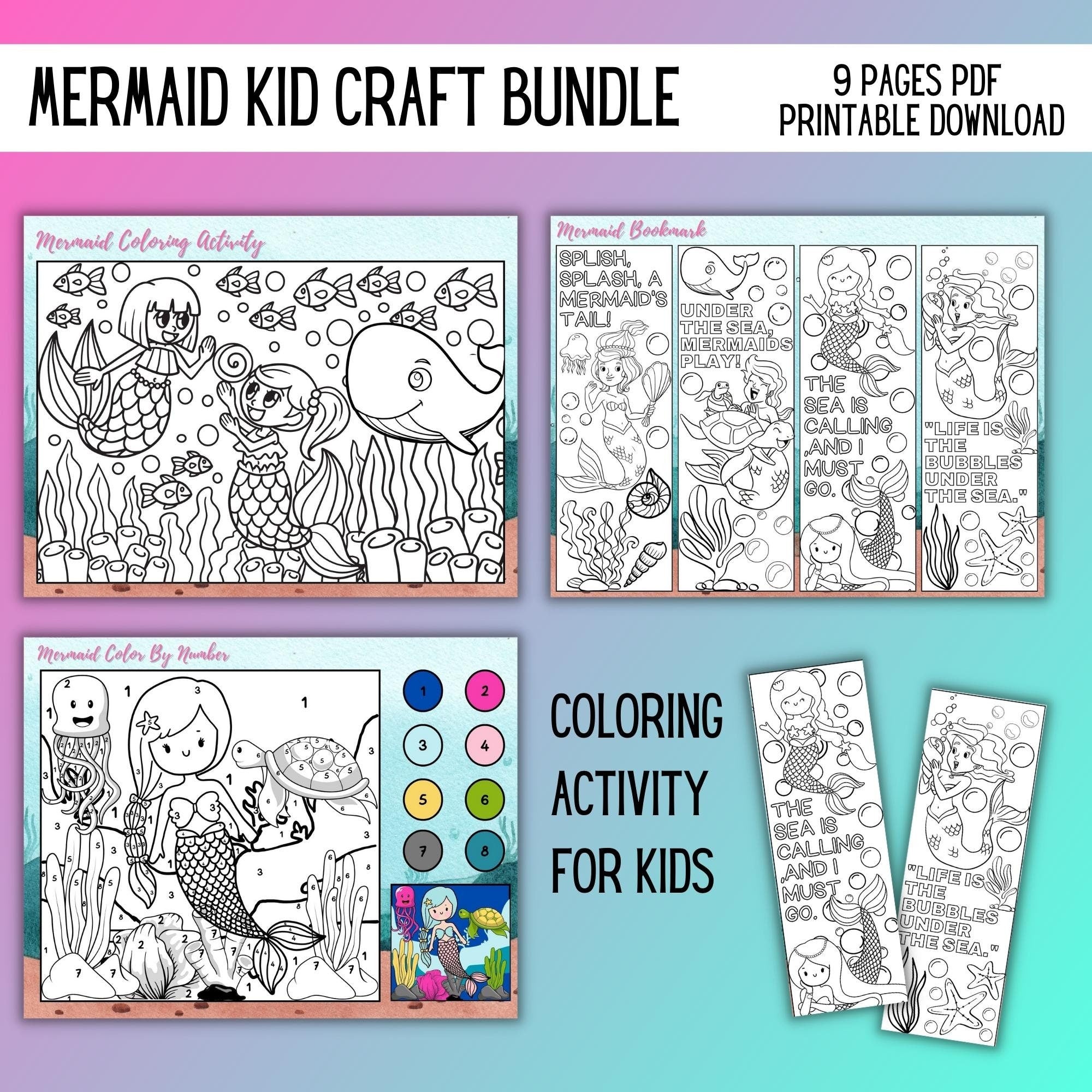 Mermaid Kids Activity Set Bundle of 11 Pages Fun Printable Crafts for Kids, INSTANT DIGITAL Download PDF