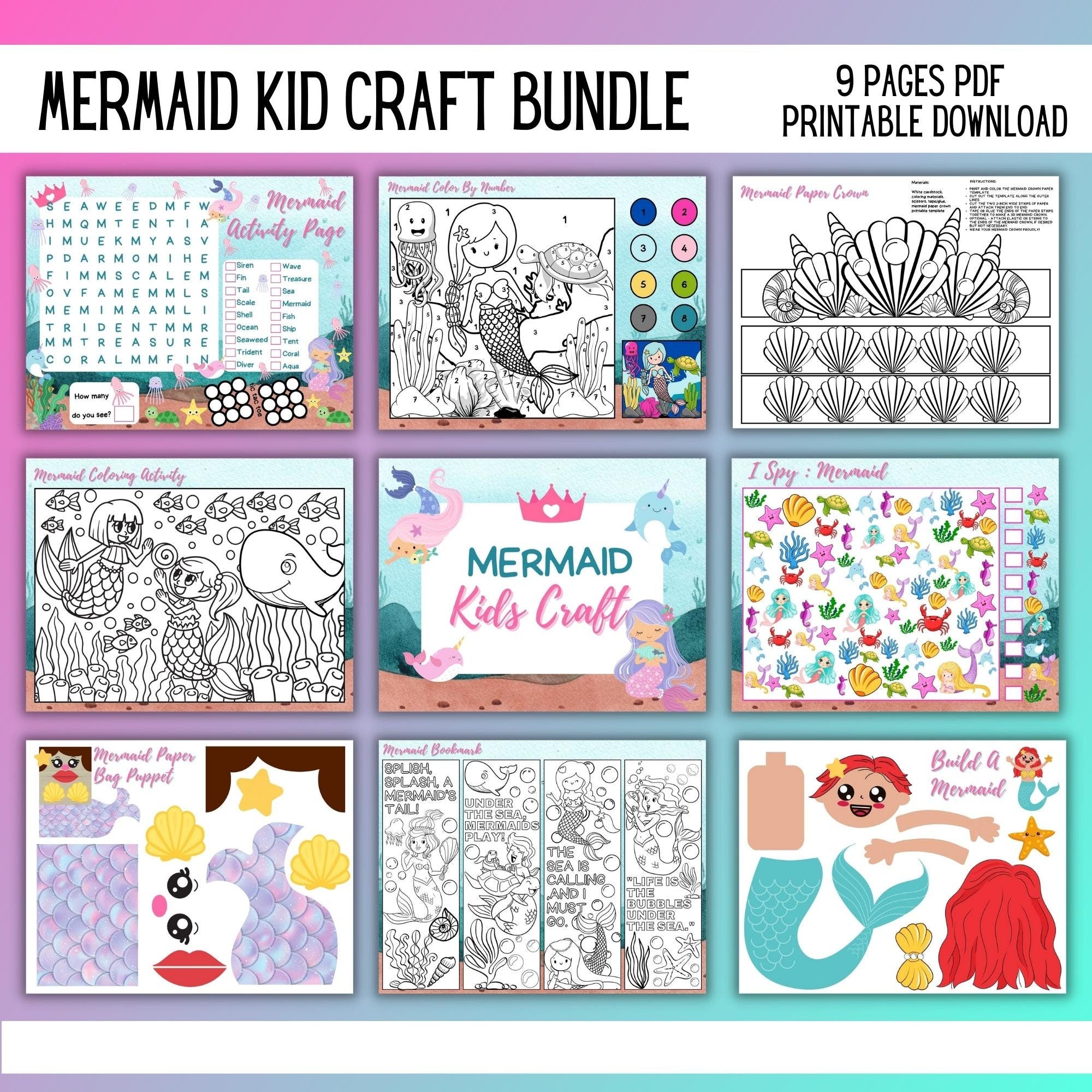 Mermaid Kids Activity Set Bundle of 11 Pages Fun Printable Crafts for Kids, INSTANT DIGITAL Download PDF