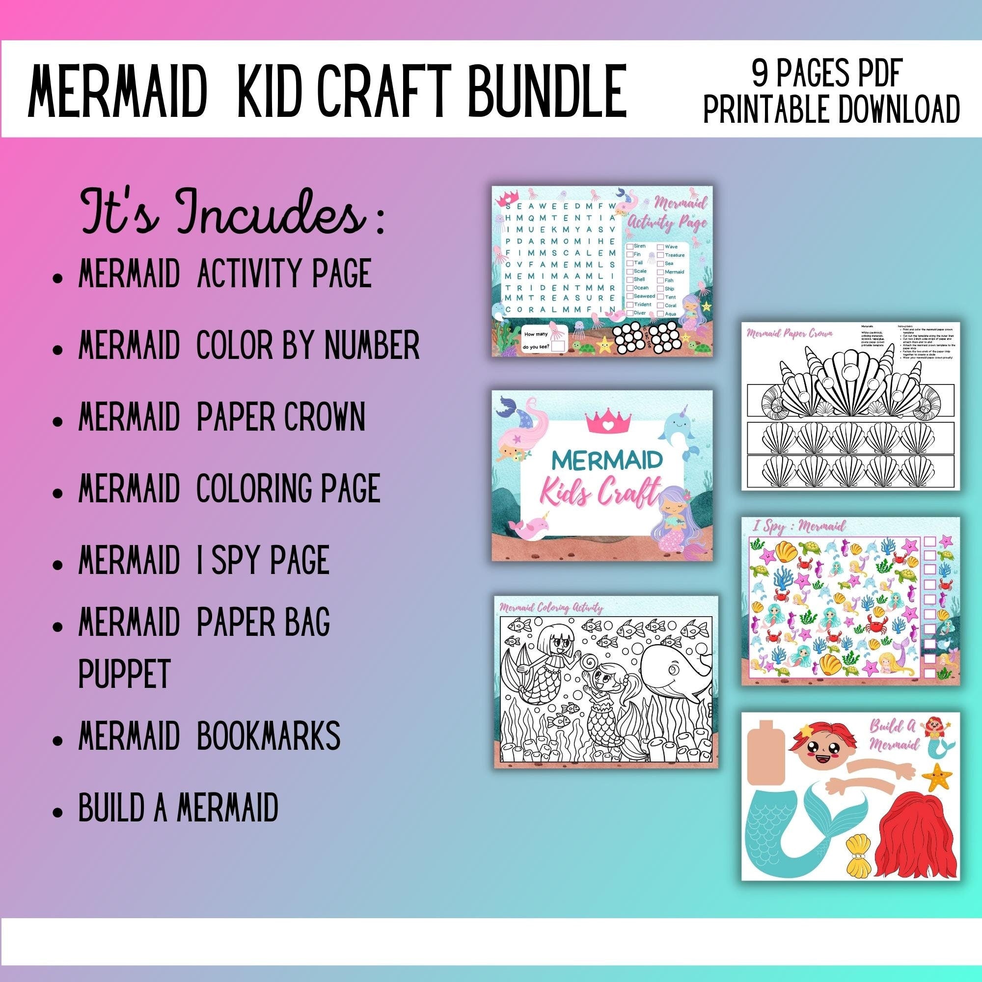 Mermaid Kids Activity Set Bundle of 11 Pages Fun Printable Crafts for Kids, INSTANT DIGITAL Download PDF