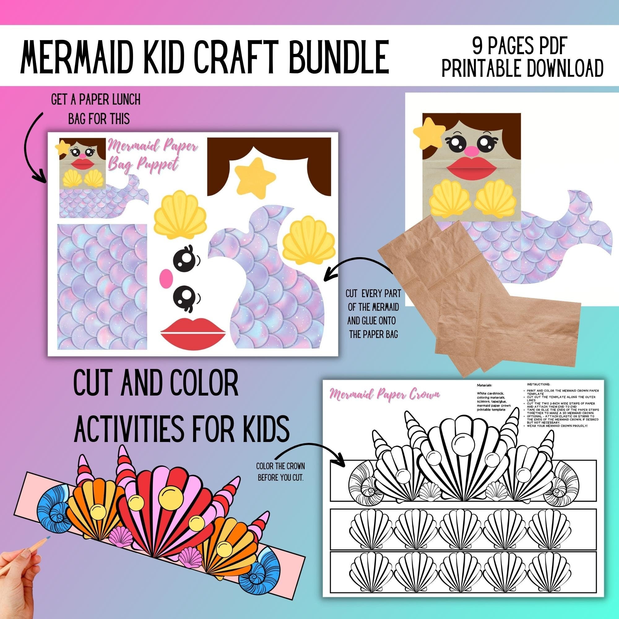 Mermaid Kids Activity Set Bundle of 11 Pages Fun Printable Crafts for Kids, INSTANT DIGITAL Download PDF