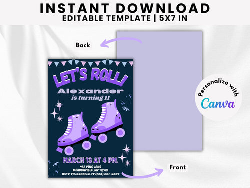 11th Birthday Roller Skating Party Invitation, Purple Customizable or Editable 5x7 inches CANVA DIGITAL TEMPLATE Link