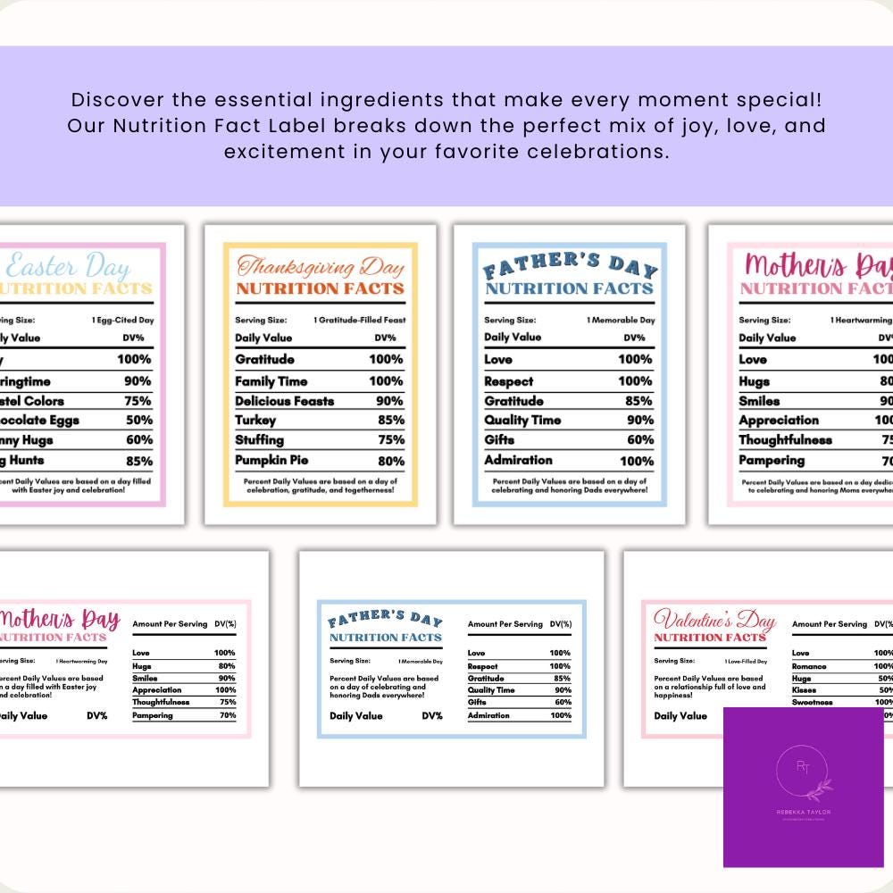 Festive Nutrition Facts Digital Files, PNG and PDF Formats, 10 Vertical and 10 Horizontal Images for Sublimation or Crafts