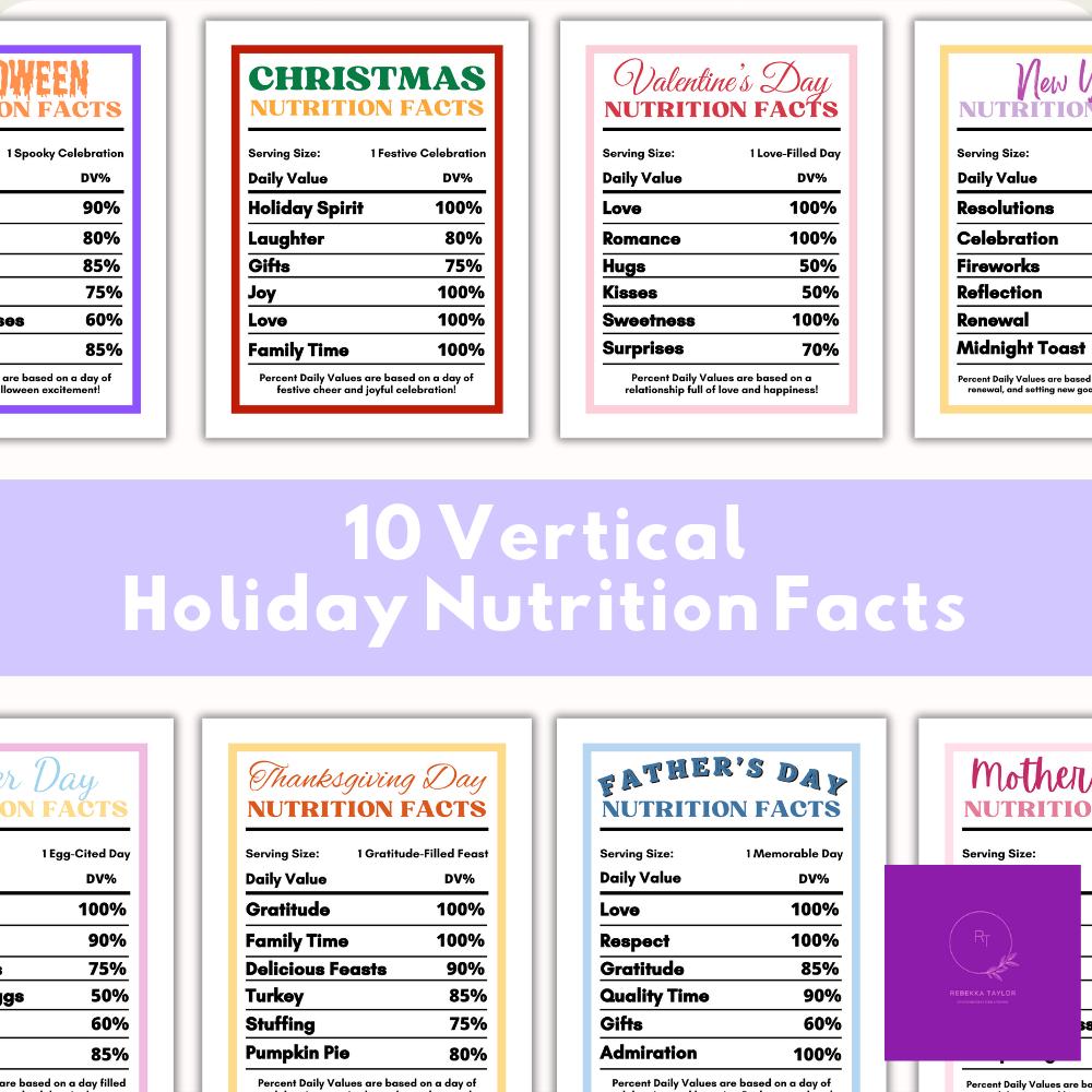 Festive Nutrition Facts Digital Files, PNG and PDF Formats, 10 Vertical and 10 Horizontal Images for Sublimation or Crafts