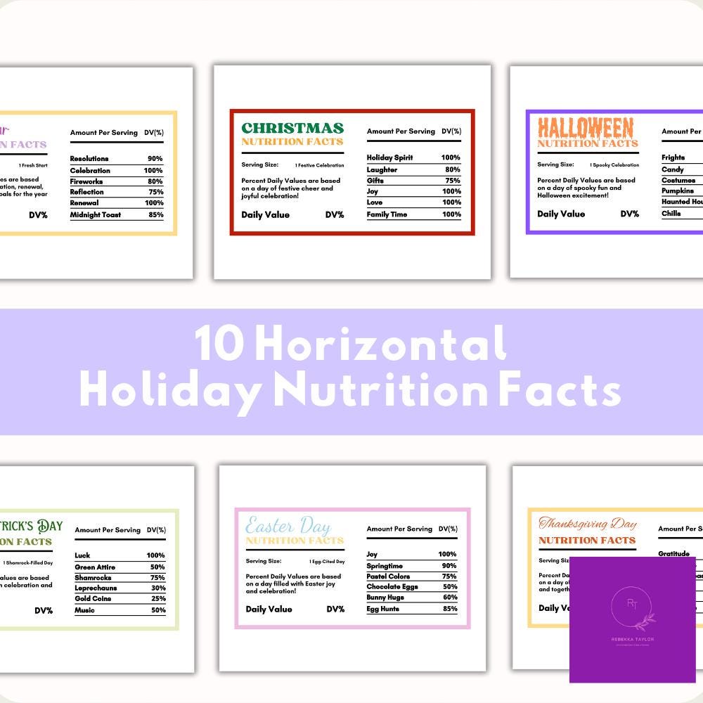 Festive Nutrition Facts Digital Files, PNG and PDF Formats, 10 Vertical and 10 Horizontal Images for Sublimation or Crafts