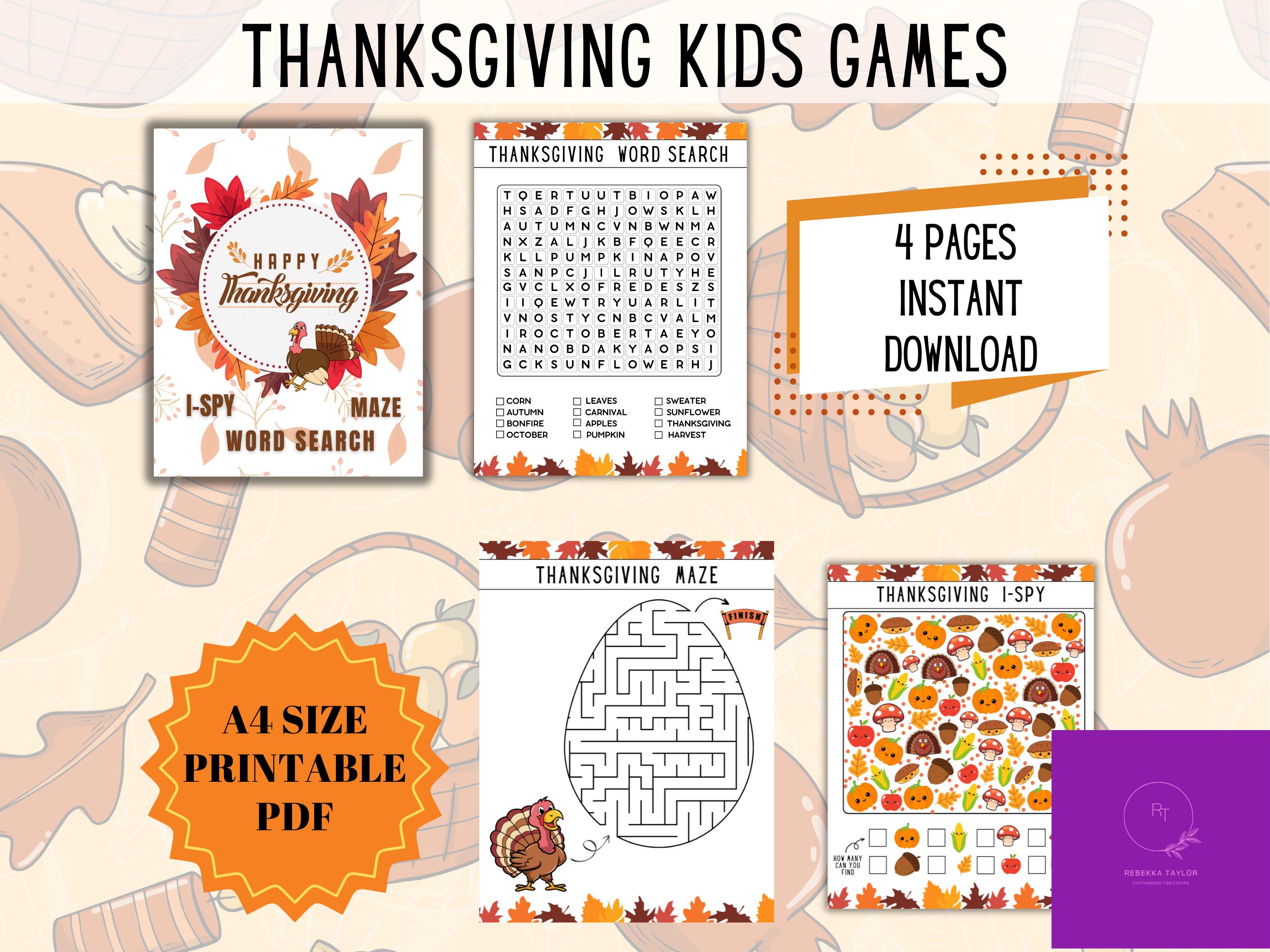 Kids Thanksgiving Games - 4 Page PDF Download - Fun Holiday Activities, Seasonal Fun for Kids, Easy DIY Games