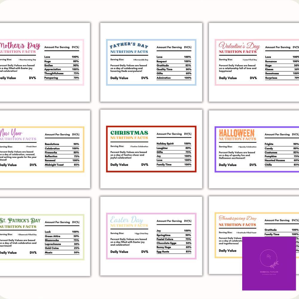 Festive Nutrition Facts Digital Files, PNG and PDF Formats, 10 Vertical and 10 Horizontal Images for Sublimation or Crafts