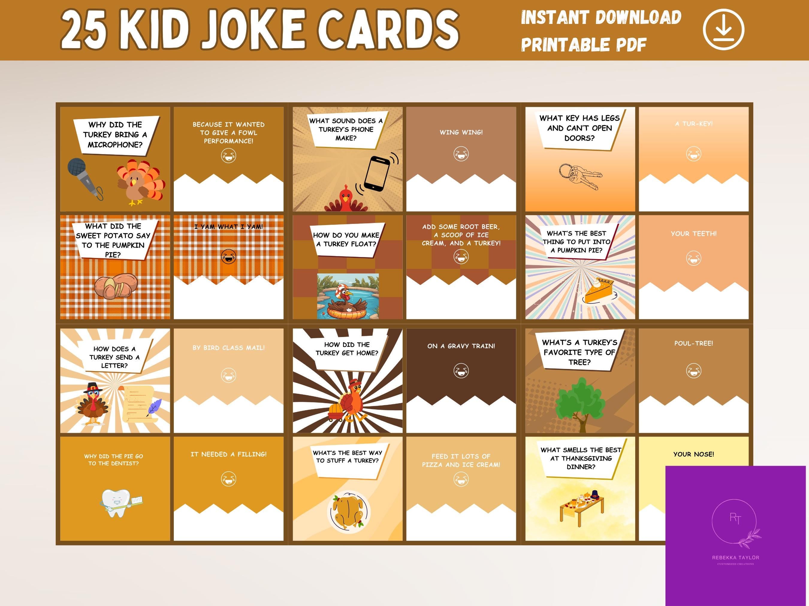 25 Thanksgiving Kids Joke Cards - Printable Lunchbox Jokes - PDF Instant Download, Lunchbox Jokes for Kids, Holiday Entertainment