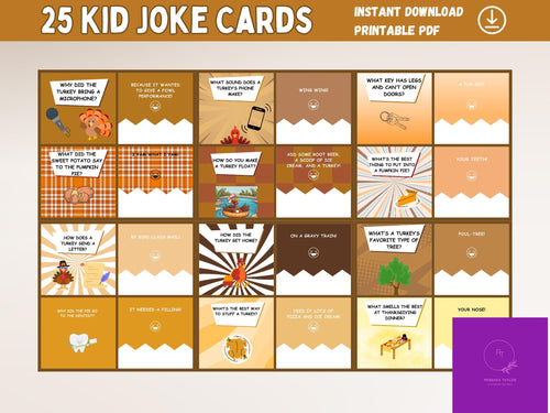 25 Thanksgiving Kids Joke Cards - Printable Lunchbox Jokes - PDF Instant Download, Lunchbox Jokes for Kids, Holiday Entertainment