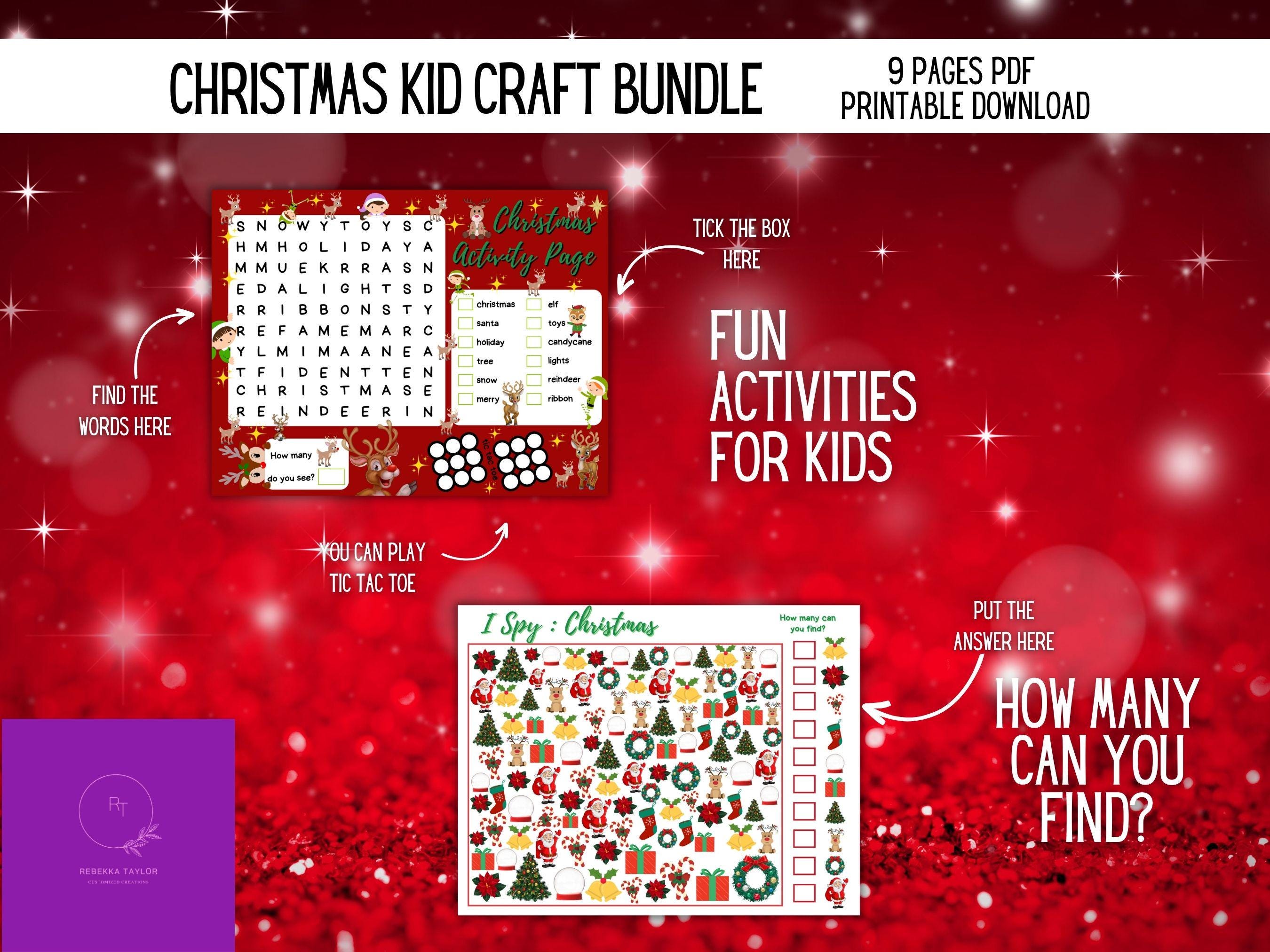 Christmas Kids Craft Bundle, 9-Page Printable Holiday Activities Set, DIY Crafts, Coloring Pages, Games, and Fun Christmas Printables