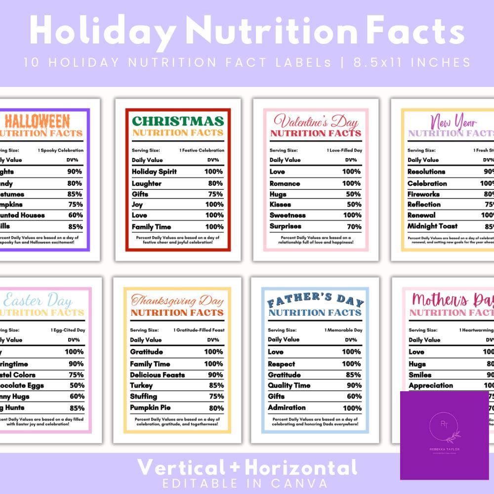 Festive Nutrition Facts Digital Files, PNG and PDF Formats, 10 Vertical and 10 Horizontal Images for Sublimation or Crafts