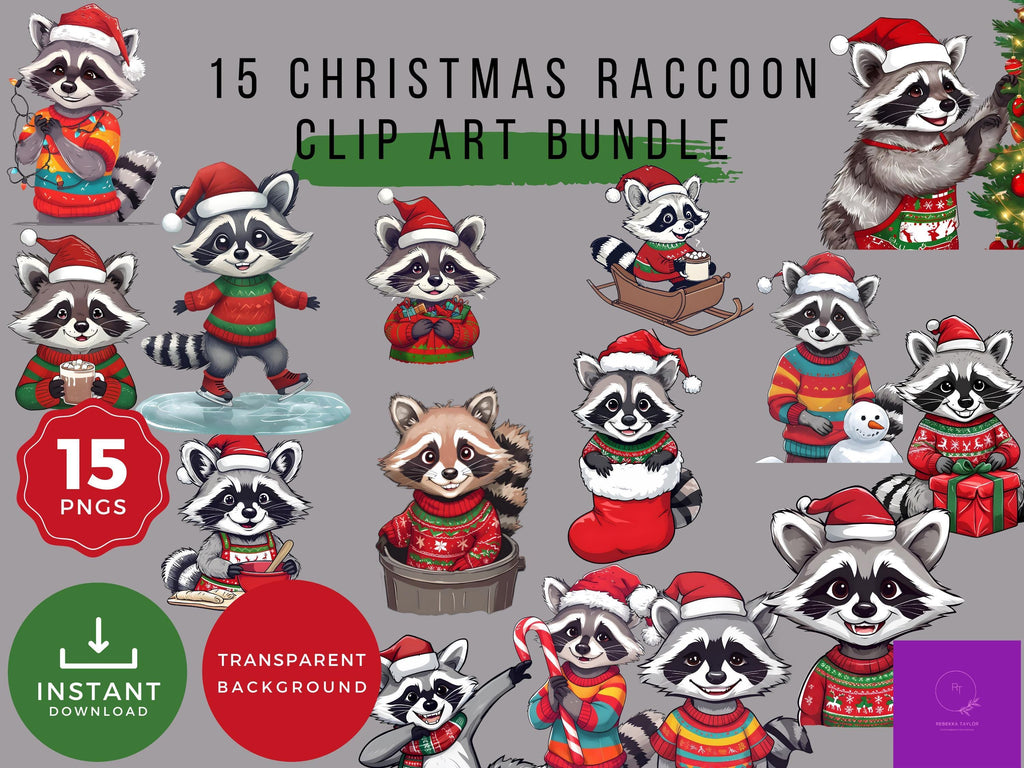 Christmas Raccoon Clip Art Bundle | Cute Holiday PNGs | Winter Animal Graphics for Sublimation, Cards, POD, Crafts | Full POD License
